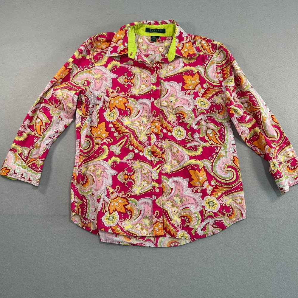 Lauren Ralph Lauren Button Up Shirt Womens Small Pink Paisley 3/4 Sleeve Top